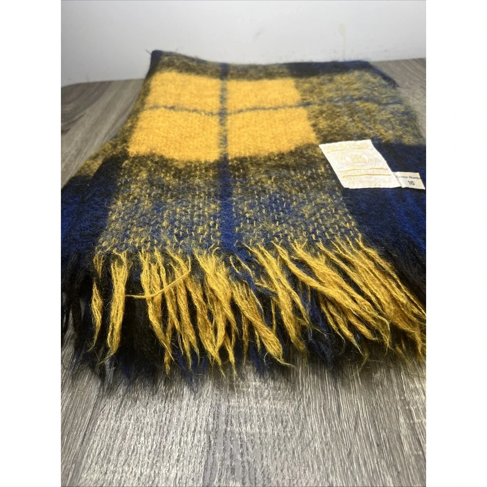 VTG Hudson's Bay Company Mohair/Wool Plaid Throw Blue Yellow Gold 55